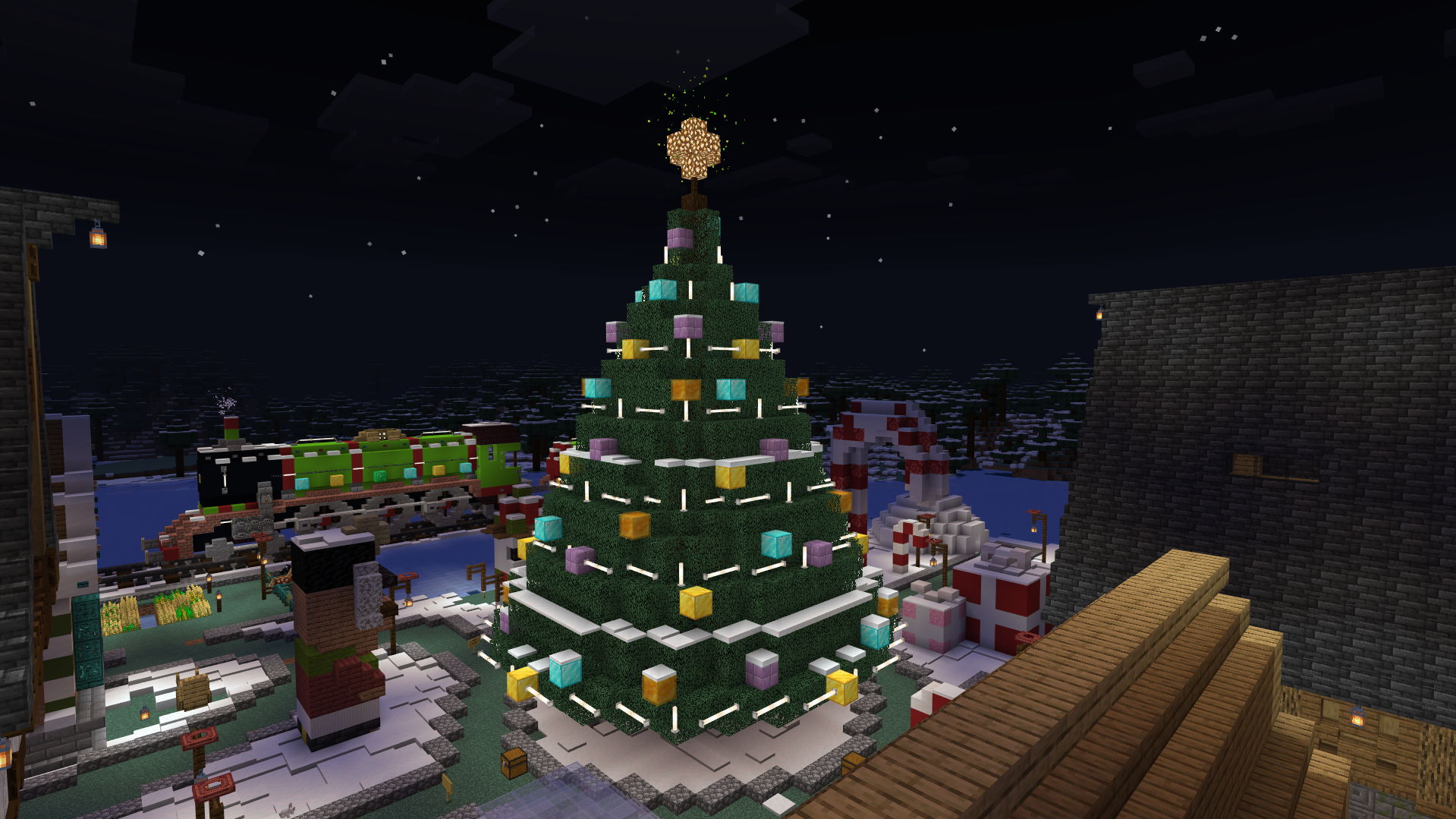 Świąteczna choinka i kolejka zbudowane w Minecraft